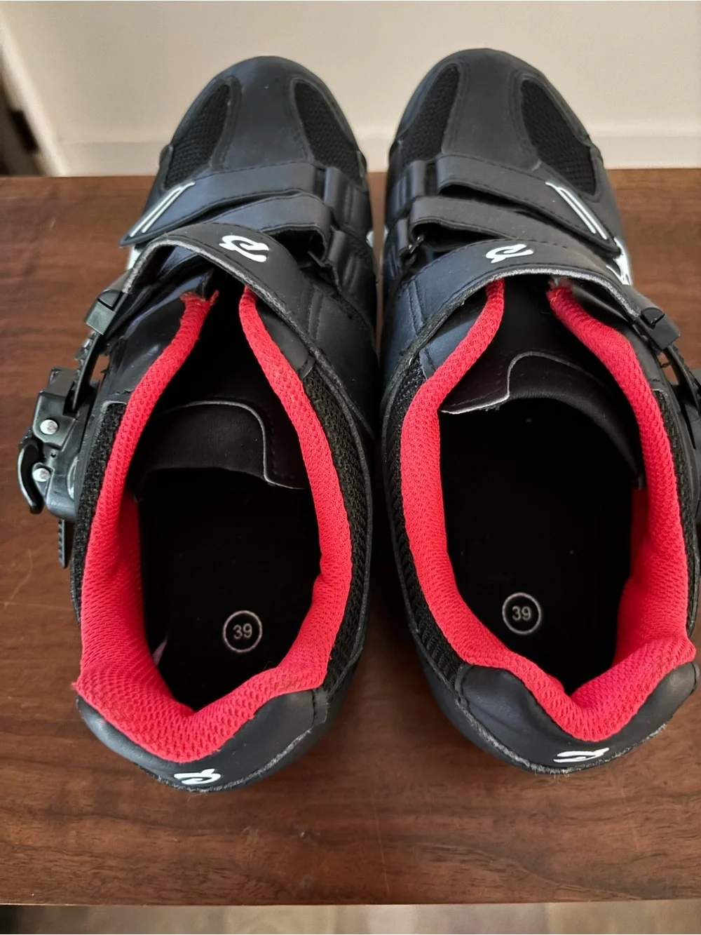 Peloton Black Cycling Shoes with Red Lining and White Accent SIZE 39